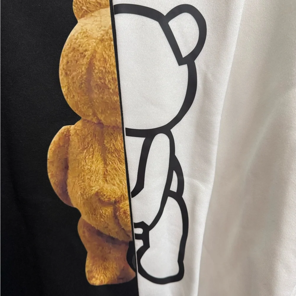 Men's Black & White Colorblock Crewneck Sweater with Bear Outline